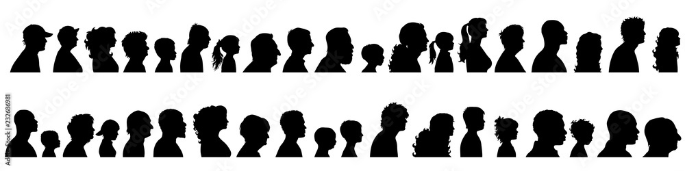 Vector silhouette of set of profile face of different people. - obrazy, fototapety, plakaty 