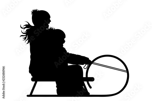 Vector silhouette of family who sledding on snow toboggan.