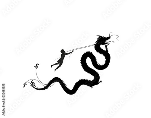 young man catching the fairy dragon and holding it on the thread, hero, black and white, 