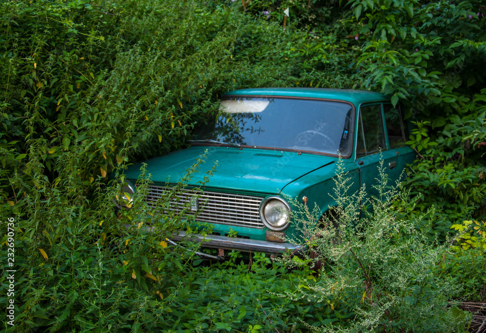 old Soviet car, abandoned in the weeds