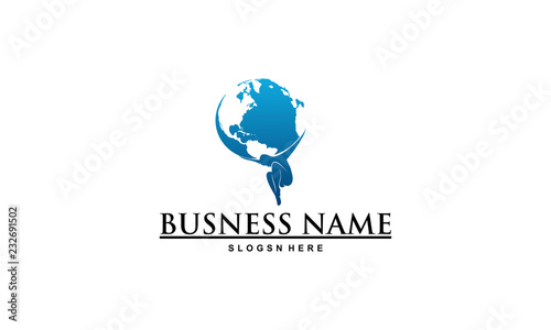 Atlas or titan kneeling carrying lifting globe world earth on his back. Bodybuilder. Vector illustration.