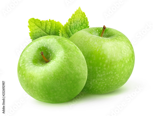 Isolated apple. Two green Granny Smith apples and leaf of mint isolated on white background with clipping path