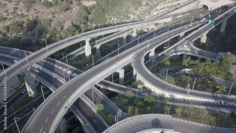 Multi level Highway interchange with traffic on all levels - Aerial footage Multi level Highway interchange with traffic on all levels - Aerial footage