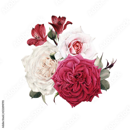 Bouquet of roses  watercolor  can be used as greeting card  invitation card for wedding  birthday and other holiday and  summer background.