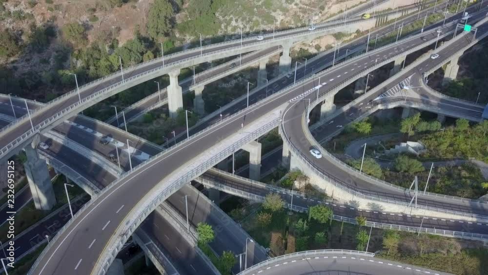 Multi level Highway interchange with traffic on all levels - Aerial footage Multi level Highway interchange with traffic on all levels - Aerial footage