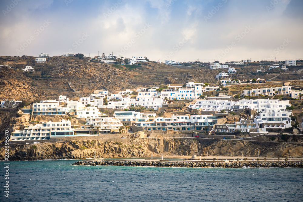 Mykonos island aerial panoramic view, part of the Cyclades in Greece