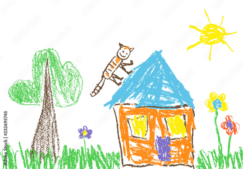 Like child`s hand drawn house, grass, tree, sun, colorful flowers and funny  cat on roof. Like kid`s crayon, pastel chalk or pencil painting spring or  summer doodle vector background garden banner. Stock