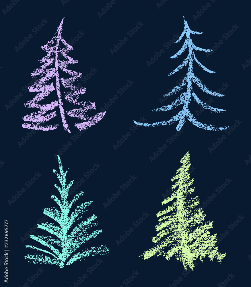 Obraz premium Crayon or white chalk like kids hand drawing funny merry christmas tree shape set on black. Artistic stroke line like child drawing cute doodle vector holiday background.