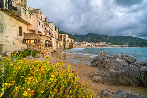 Fototapeta Naklejka Na Ścianę i Meble -  Landscape with beach and medieval Cefalu town, Sicily island, Italy