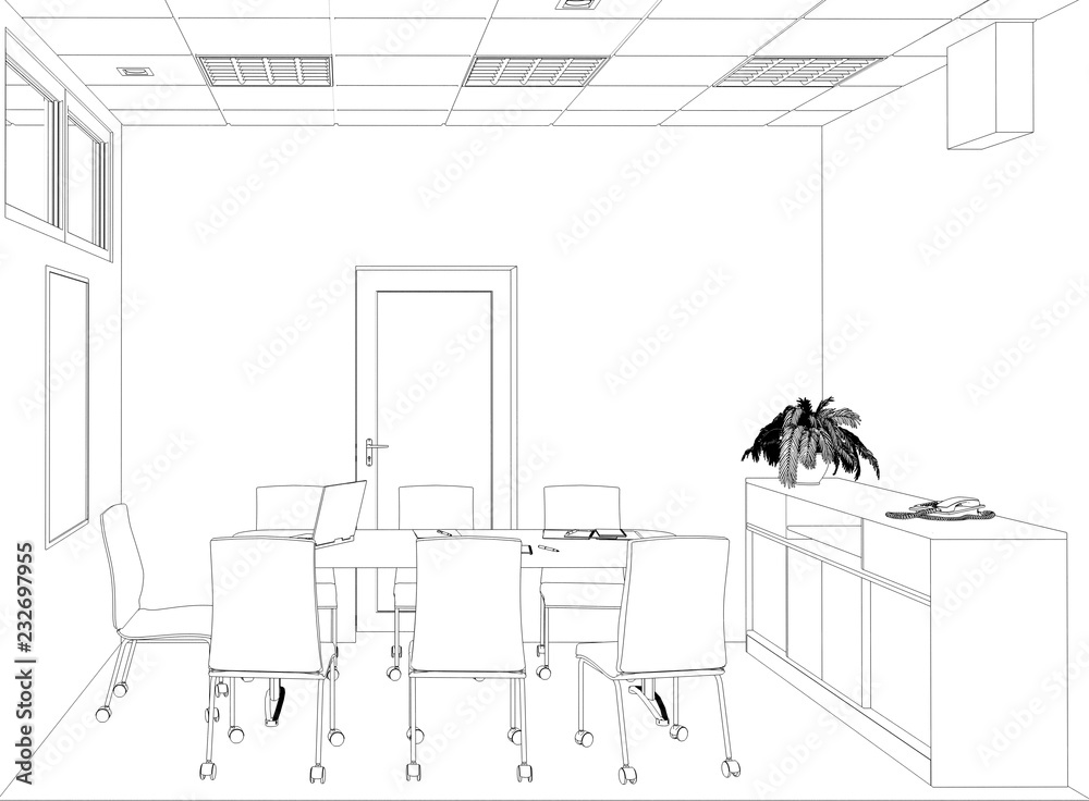 office contour visualization, 3D illustration, sketch, outline