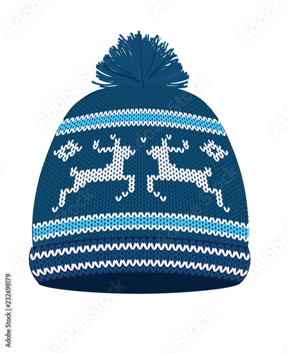 Blue knitted winter hat. vector illustration