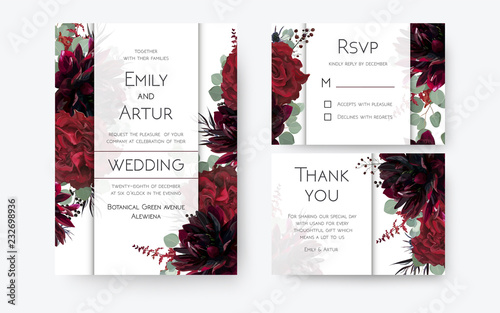 Wedding invite, invitation card, rsvp, thank you cards floral design. Vintage Red rose flowers, burgundy dahlia, eucalyptus silver greenery branches, berries decoration. Bohemian boho chic stylish set
