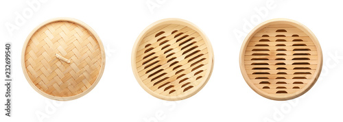 Fotografia, Obraz Set with bamboo steamer on white background, top view