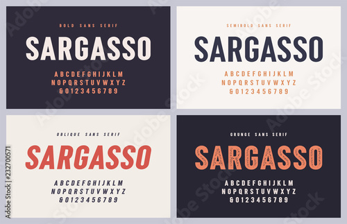 Sargasso bold, semibold, oblique and grunge san serif vector font, alphabet