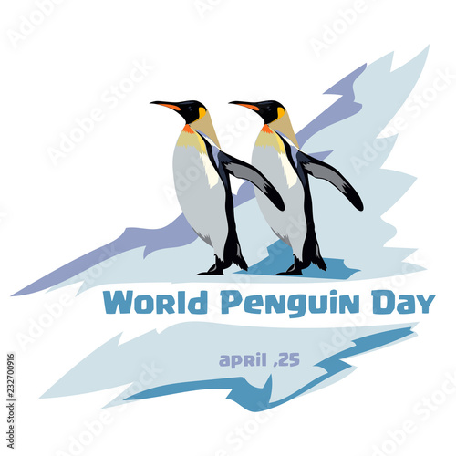 World penguin day. Two royal penguins on a blue background. iceberg background.