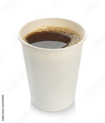 Aromatic coffee in takeaway paper cup on white background. Space for design