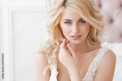 Close up portrait of young beautiful woman indoors