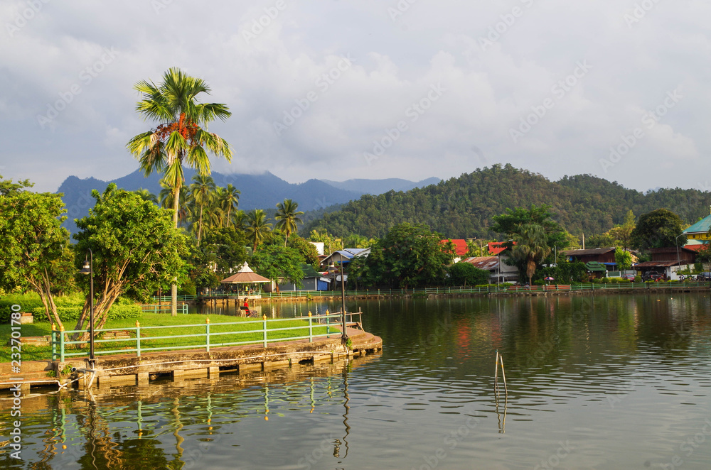 View over Mae Hong Son Pond showing mountainous terrain of Northern Thailand