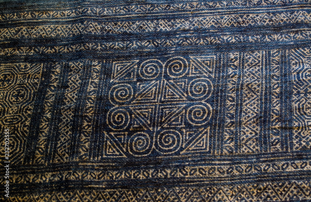 Traditional Hill Tribe indigo batik weaving example (old piece) - Laos