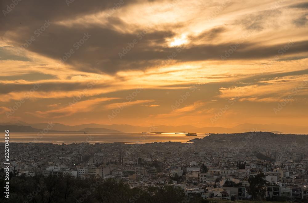 Panorama view of Athens port in sunset, Greece