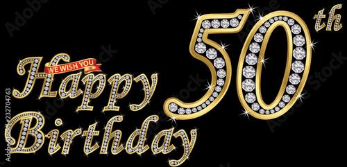 50 years happy birthday golden sign with diamonds, vector illustration
