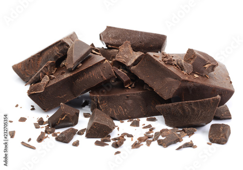 Dark Chocolate Bar, tablets with pieces isolated on white background