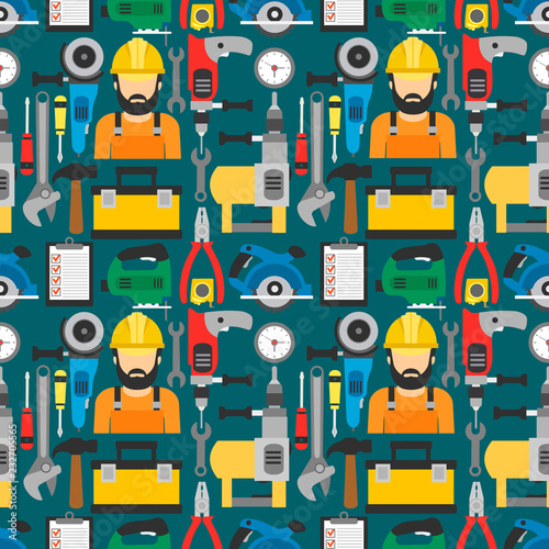 Industrial concept design seamless flat with repairman.Vector illustration