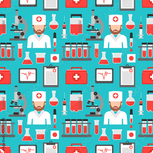 Medical blood analysis seamless flat design with doctor .Vector illustration