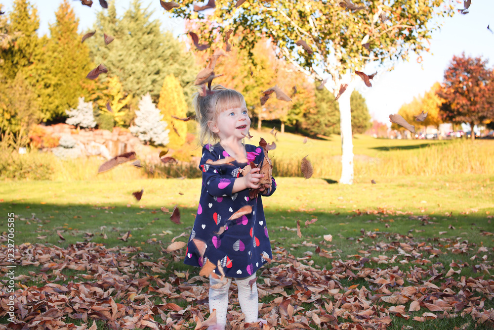 Portrait of Pretty Smiling Cute Toddler Girl playing with leaves in autumn park on the walk, wearing fashion Dark Dress, Portland Oregon