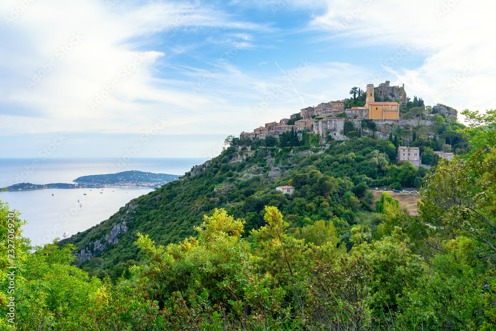 view on Eze village on hill, french riviera, cote d'azur, France