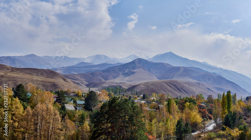 view through the trees to the roofs of the buildings of a small mountain settlement © Юрий Кузнецов