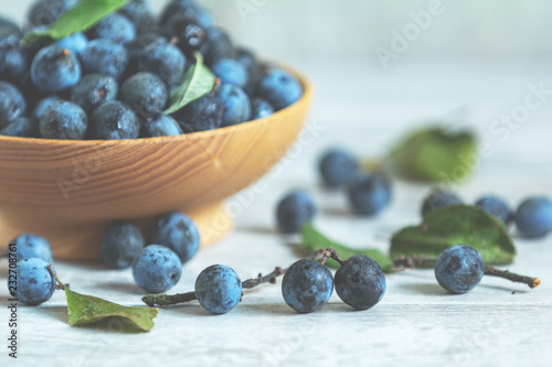 Фотография Autumn harvest blue sloe berries on a light wooden table background
