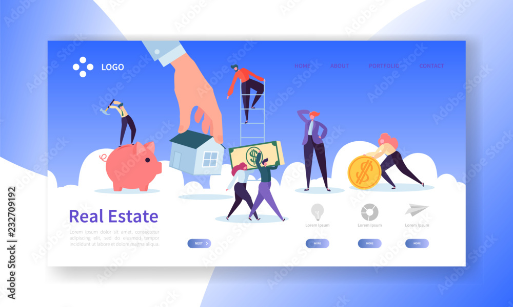 Fototapeta premium Real Estate Landing Page. Investment in Property Banner with Flat People Characters Buying Apartments Website Template. Easy Edit and Customize. Vector illustration