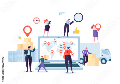 Online Cargo Delivery Tracking Web Site Service. Worldwide Logistic Delivery Concept with Courier Characters. Workers in Uniform with Parcels. Vector illustration
