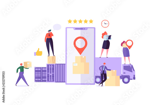 Online Cargo Delivery Mobile App Tracking Service. Worldwide Logistic Delivery Concept with Courier Characters. Workers in Uniform with Parcels. Vector illustration