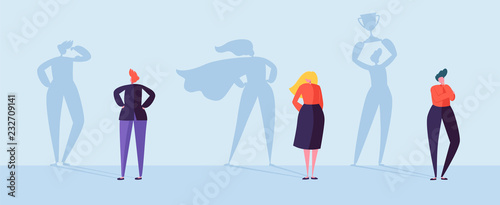 Business People with Winner Shadow. Male and Female Characters with Silhouettes of Leadership, Achievement and Motivation. Vector illustration © Pavlo Syvak