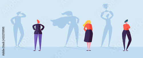 Business People with Winner Shadow. Male and Female Characters with Silhouettes of Leadership, Achievement and Motivation. Vector illustration