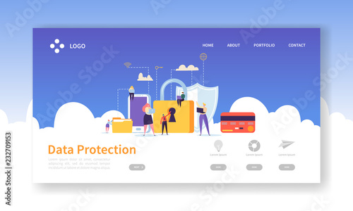 Network Security Landing Page. Data Protection Banner with Flat People Characters and Digital Data Secure Website Template. Easy Edit and Customize. Vector illustration