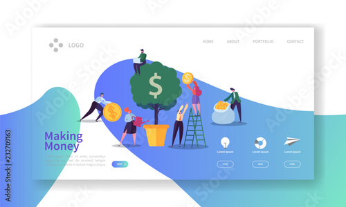 Making Money Landing Page. Business Investment Banner with Flat People Characters and Money Tree Website Template. Easy Edit and Customize. Vector illustration