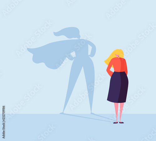Business Woman with a Super Hero Shadow. Female Character with Cape Silhouette. Businesswoman Leadership Motivation Concept. Vector illustration