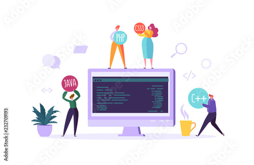 Software and Web Page Programming Concept. Programmer Characters Working on Computer with Code on Screen. Freelancer Workplace Coding. Vector illustration