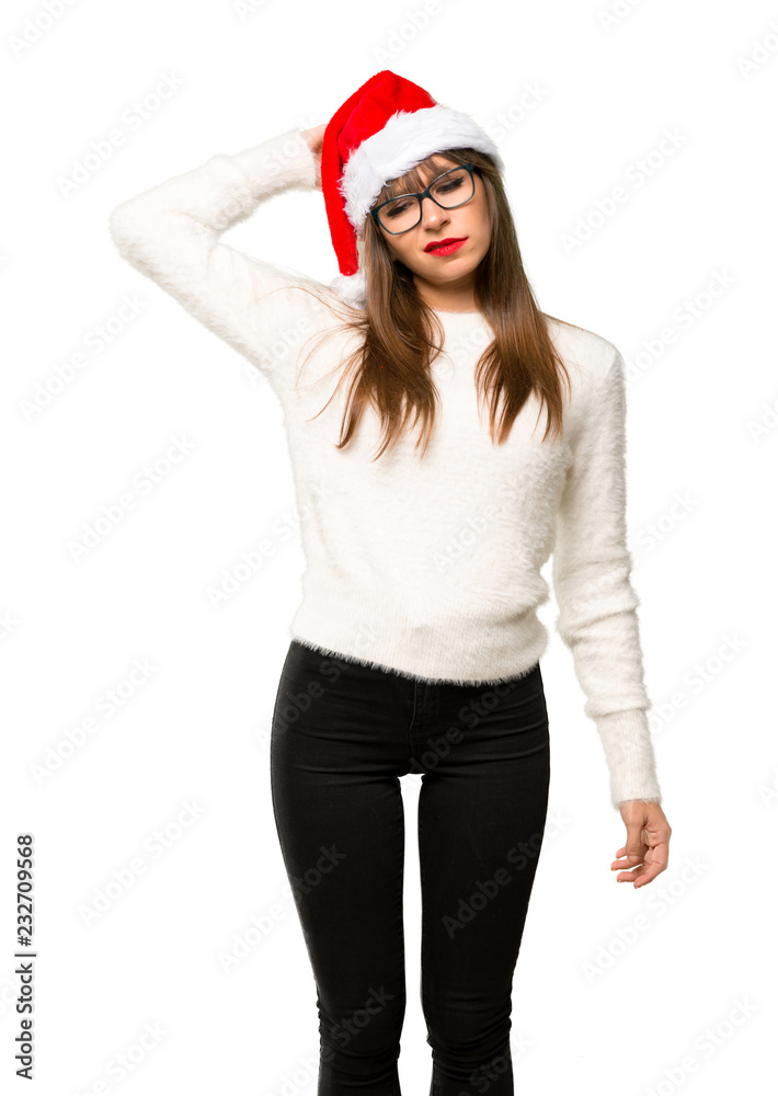 Girl with celebrating the christmas holidays having doubts and with confuse face while scratching head on isolated white background Girl with celebrating the christmas holidays having doubts and with confuse face while scratching head on isolated white background