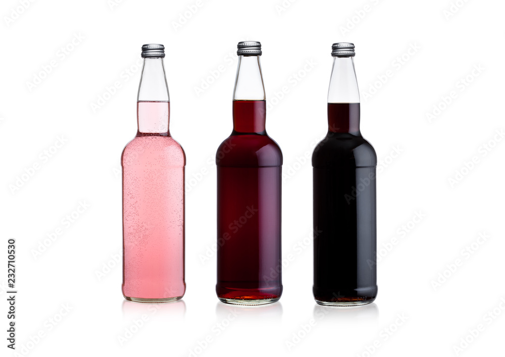 Bottless of sparkling pink soda lemonade and cola Bottless of sparkling pink soda lemonade and cola