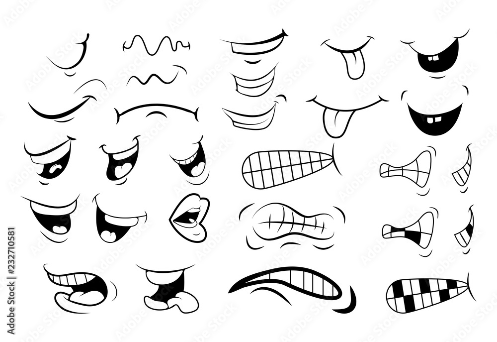 Naklejka premium outline Cartoon Mouth Set . Tongue, Smile, Teeth. Expressive Emotions. Simple flat design isolated on white background