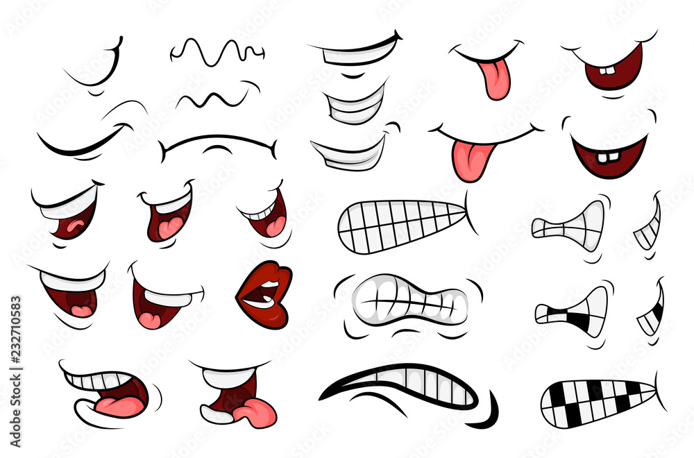 Fototapeta premium Cartoon Mouth Set. Tongue, Smile, Teeth. Expressive Emotions. Simple flat design isolated on white background