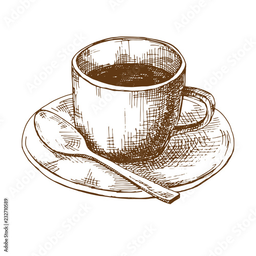 Sketch of coffee mugs on a saucer with a spoon. Vector illustration in sketch style