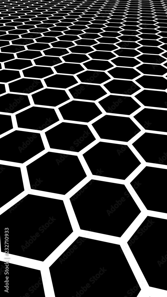 White honeycomb on a black background. Perspective view on polygon look like honeycomb. Isometric geometry. Vertical image orientation. 3D illustration White honeycomb on a black background. Perspective view on polygon look like honeycomb. Isometric geometry. Vertical image orientation. 3D illustration