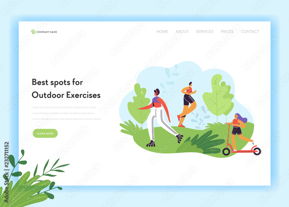 Healthy Lifestyle Landing Page Template. Outdoor Excercises Active Characters Woman on Bicycle and Running Man in the Park for Web Page, Mobile Website. Vector illustration