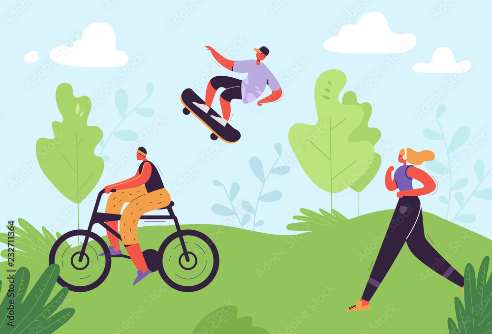 Healthy Lifestyle Concept. Active People Excercising in Park. Woman Running, Girl Riding Bicycle, Man Skateboarding. Outdoor Activities. Vector illustration