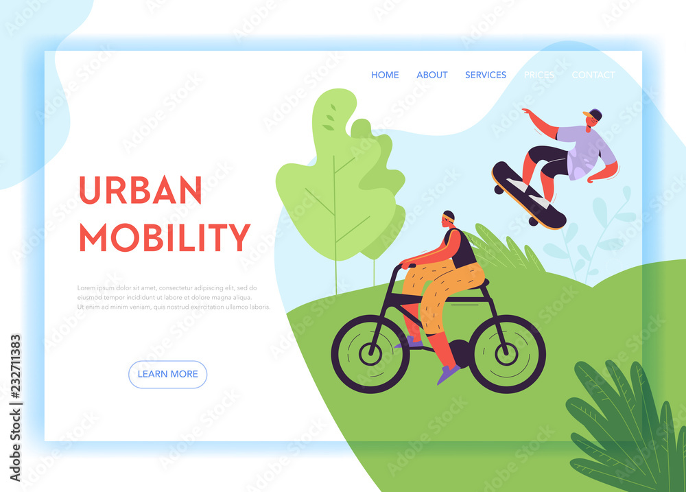 Fototapeta premium Healthy Lifestyle Landing Page Template. Active Characters Woman on Bicycle and Man on Skateboard in the Park for Web Page, Mobile Website. Vector illustration